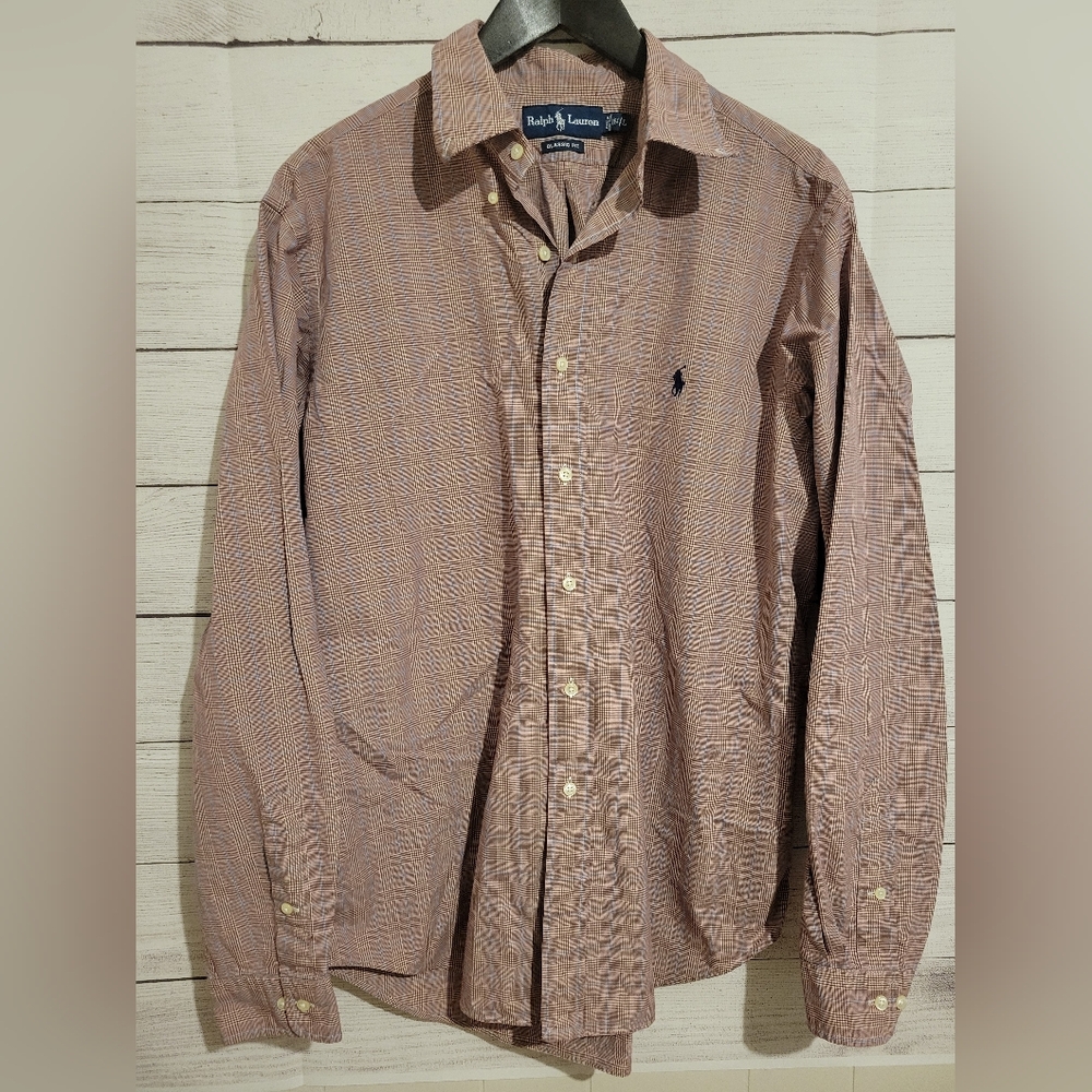 Men’s Red/Blue Ralph Lauren Long Sleeve Classic Fit Shirt, Size 16.5 Large